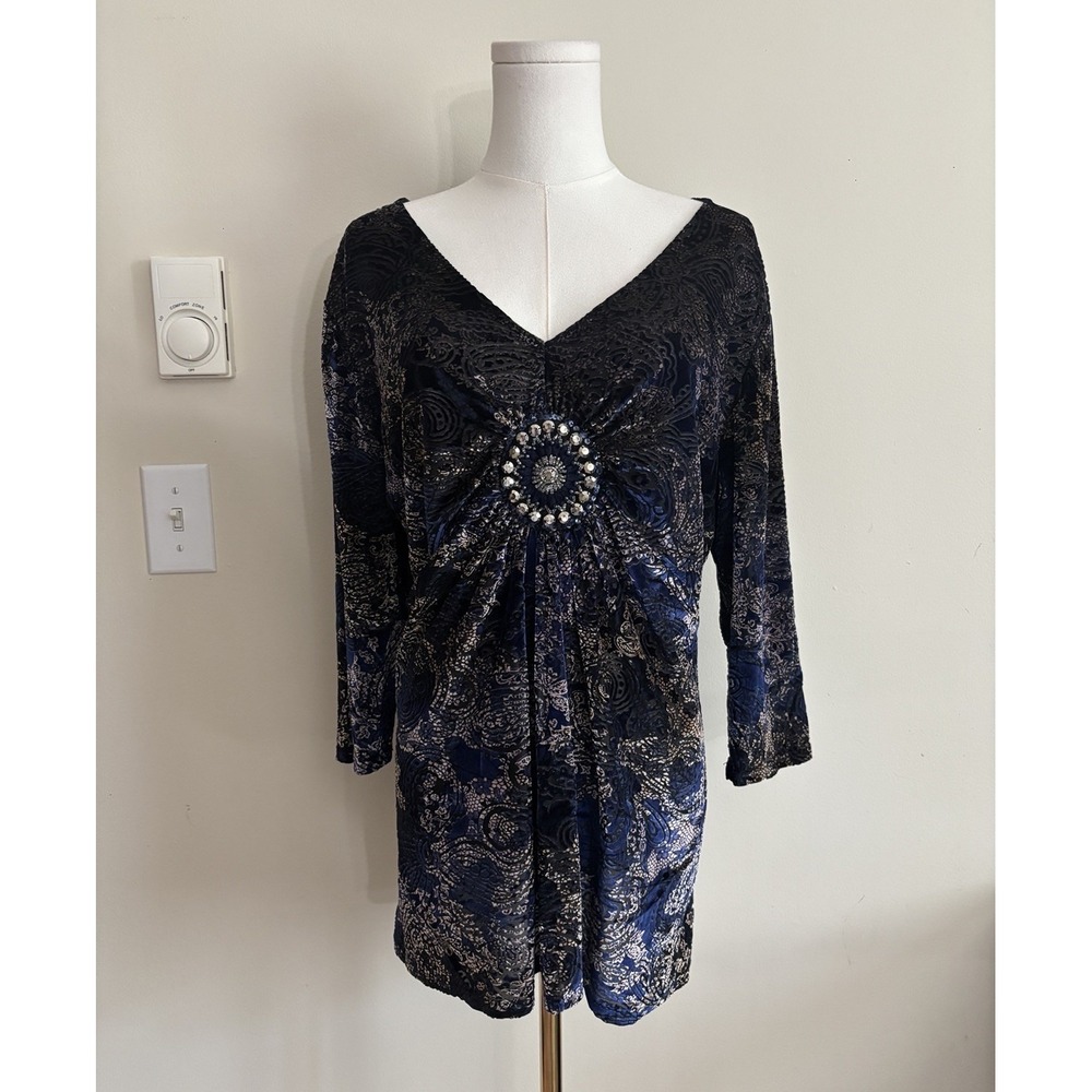 Y2K Whimsigoth Burnout Velvet Top Womens XL Black Blue Rhinestone Dressbarn